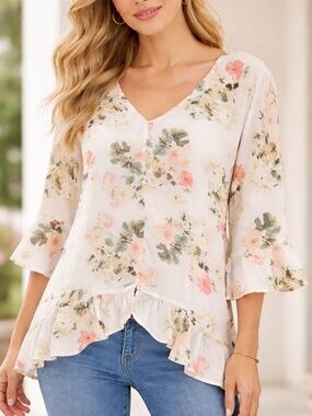 Nue Options Off White Floral Ruffle High Low Blouse Top Womens XL